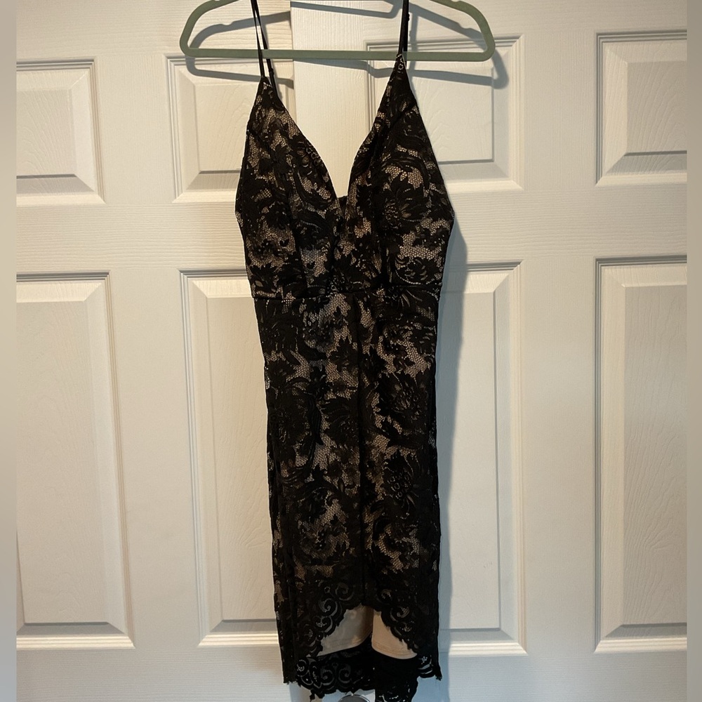 A'gaci Black Lace Plunge Dress Formal Wedding Prom Romantic Whimsigoth y2K sz L